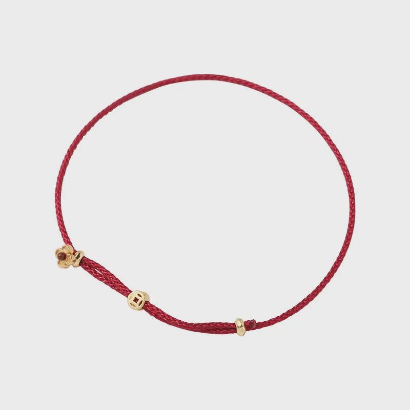 Этнический ультратонкий браслет из серебра 925 пробы с позолотой, цветочным узором и красной веревкой на удачу