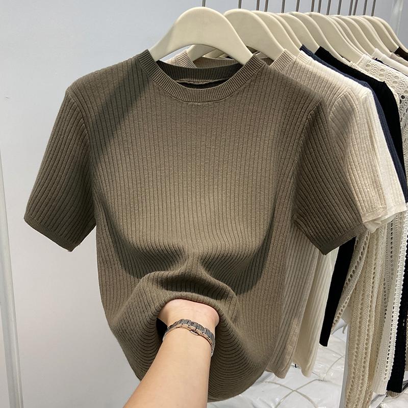 Женские свитера, пуловеры 2025 Лето Короткий рукав О-образный вырез Черный Повседневный вязаный свитер Женские топы Пуловер JJ236