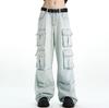 Unisex Light Wash Wide-Leg Workwear Jeans with Multi-Pocket Heavy-Duty Design