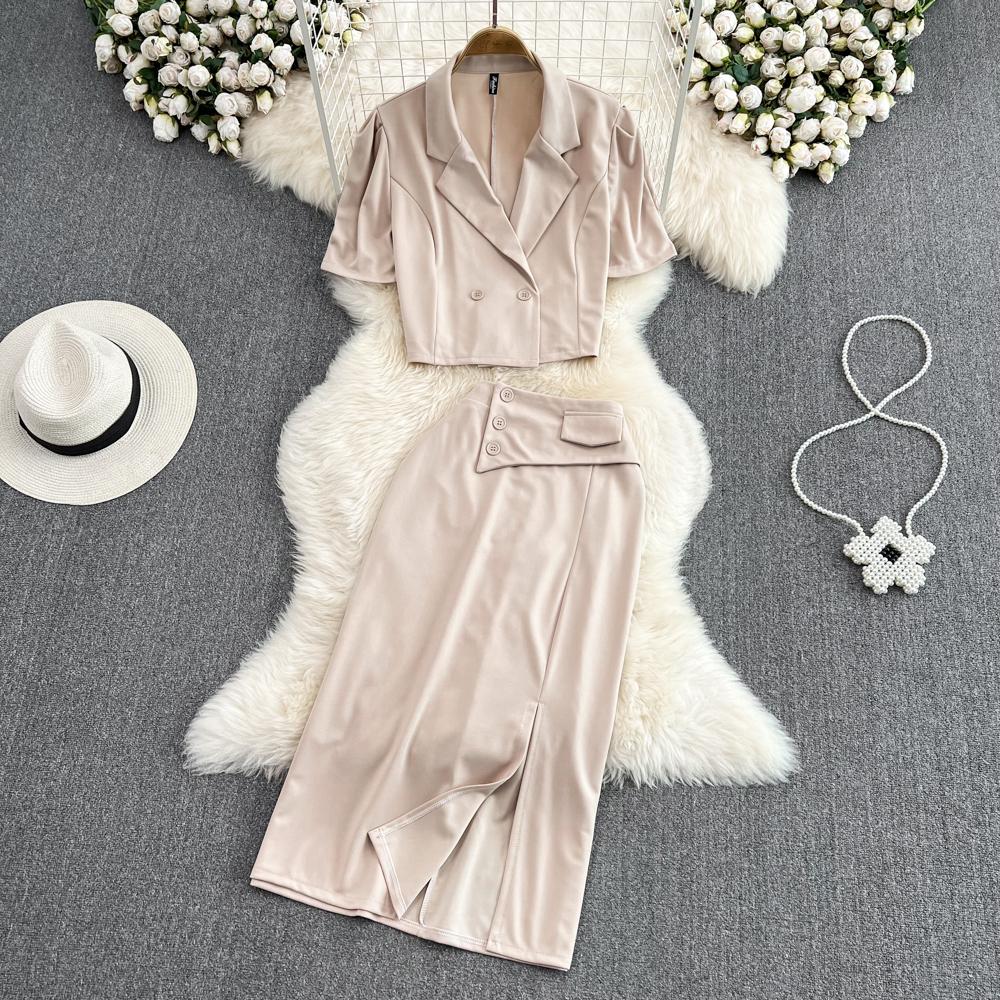 Женский костюм в стиле ретро с лацканами, свободная короткая куртка с пышными рукавами, юбка из двух частей с высокой талией и разрезом