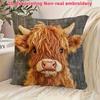 2D Flat Print Ultra Soft Short Plush Highland Cow Cute Decorative Pillow Cover, Non-Embroidered, Polyester Single-Sided Printing, Zipper Closure