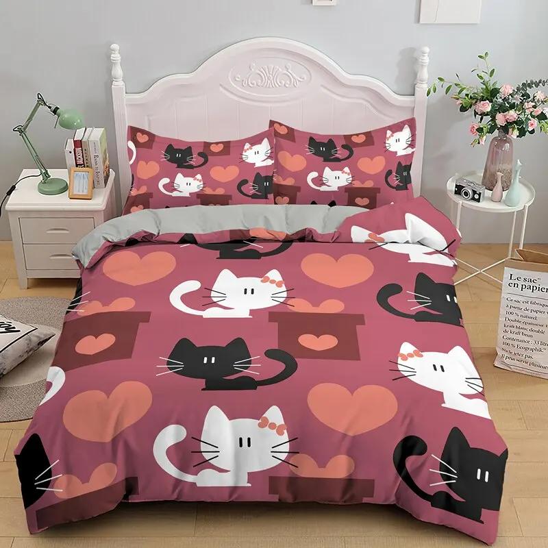 Cat Duvet Cover Set Digital Different Color Cartoon Cute Cat Bedding Set Bedclothes Double Queen King Size Polyester Qulit Cover