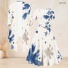 Women Plus Size Two Piece Set Square Neck Short Sleeve Tie Waist Flared Dress 3 4 Sleeve Open Front Cardigan Abstract Leaf Print
