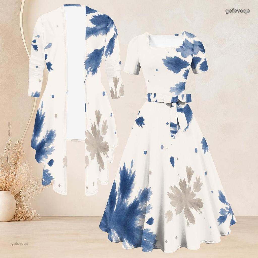 Women Plus Size Two Piece Set Square Neck Short Sleeve Tie Waist Flared Dress 3 4 Sleeve Open Front Cardigan Abstract Leaf Print