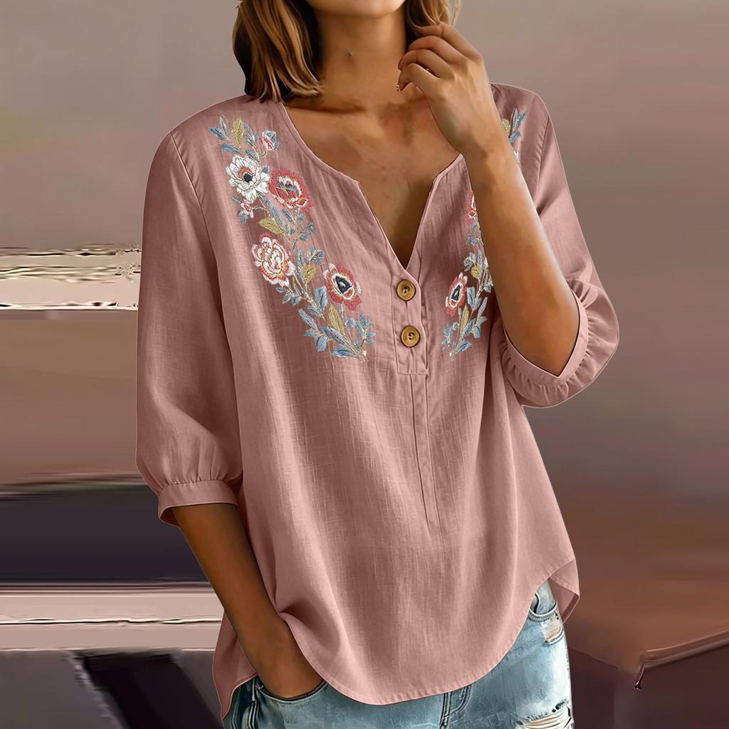 Женская льняно-хлопковая блузка-henley с цветочной вышивкой, пуговицами на воротнике, рукавами три четверти, повседневная, свободного кроя