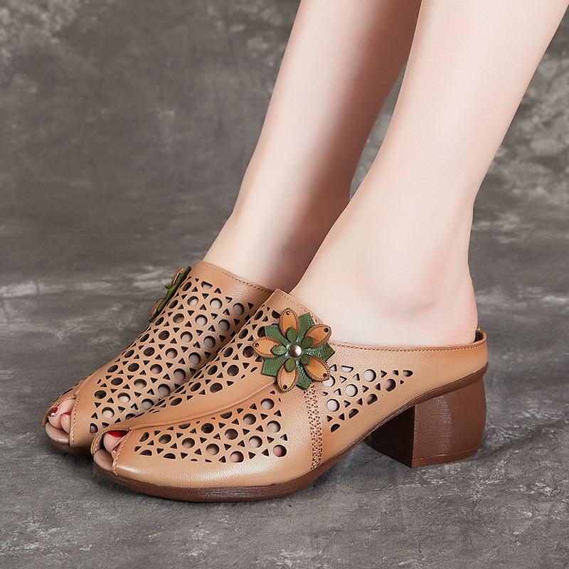 Летняя женская обувь в этническом стиле, толстый каблук, мягкая подошва, сандалии из коровьей кожи