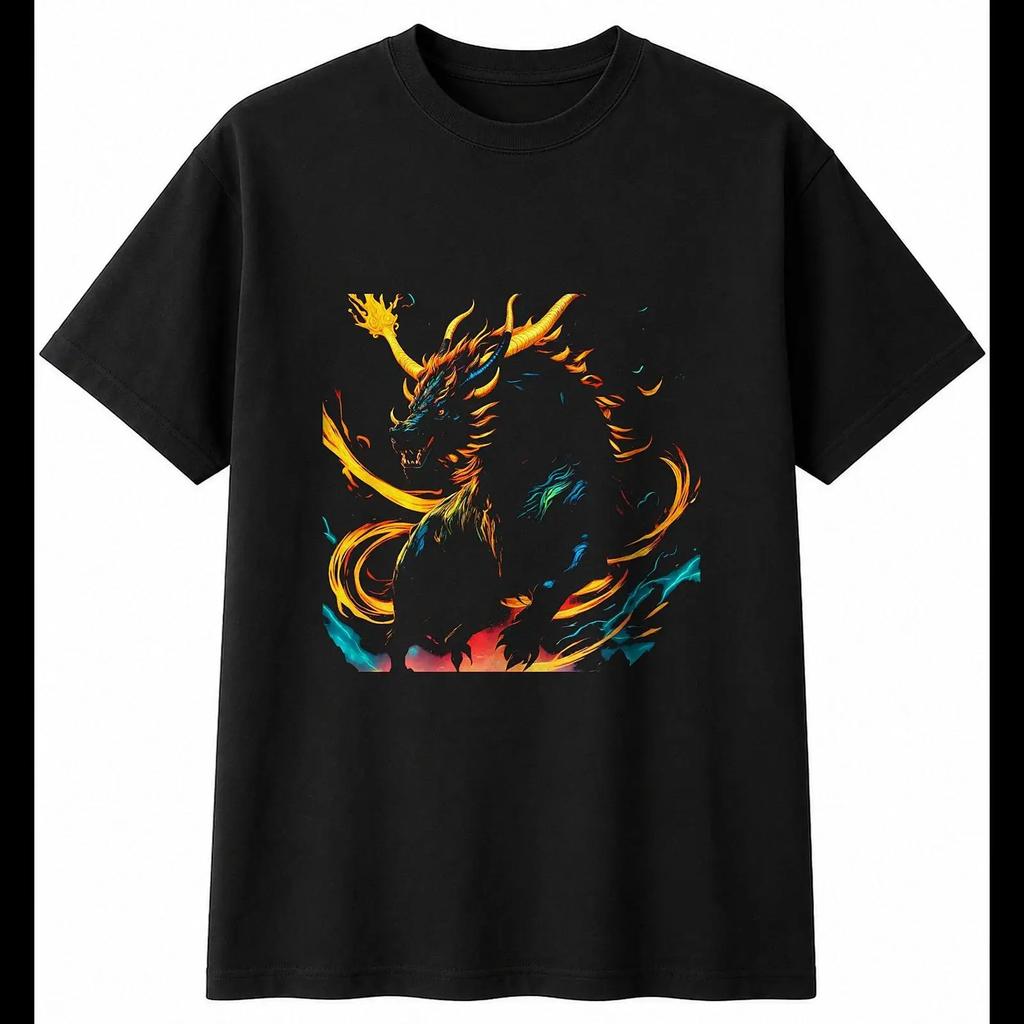 Art Qilin Neon Glow Fantasy Unisexs T Shirt Black 100 Cotton Mythology Vintage Unisex Soft Designer Clothes Casual