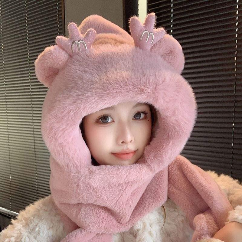 Женский набор: милый шарф-капюшон с мишкой: Плюшевая шапка, шарф и перчатки на зиму