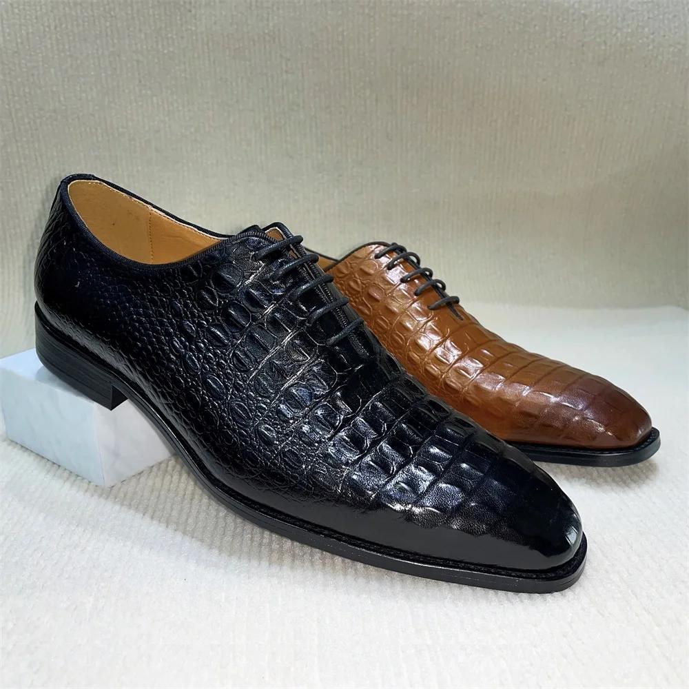 Men's Python Genuine Leather Dress Shoes Lace-Up Pointed Toe Wedding Formal Oxford Business Shoes In Black/Brown for Banquet