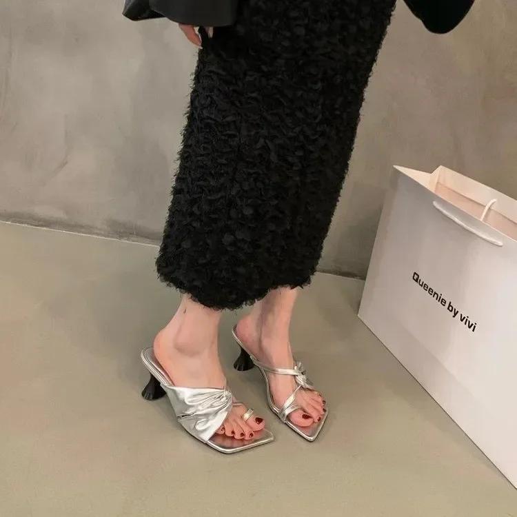 Дизайнерские летние женские тапочки, модные шлепанцы с застежкой-молнией, женские туфли для улицы, сандалии на высоком каблуке, размеры 35-40