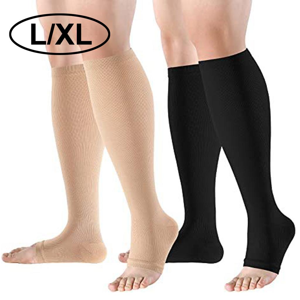 2 пары компрессионных носков до колена шириной 15–20 мм рт. ст. — отлично подходят для поддержки лодыжки и облегчения подошвенного фасциита, чулки с открытым носком для женщин и мужчин
