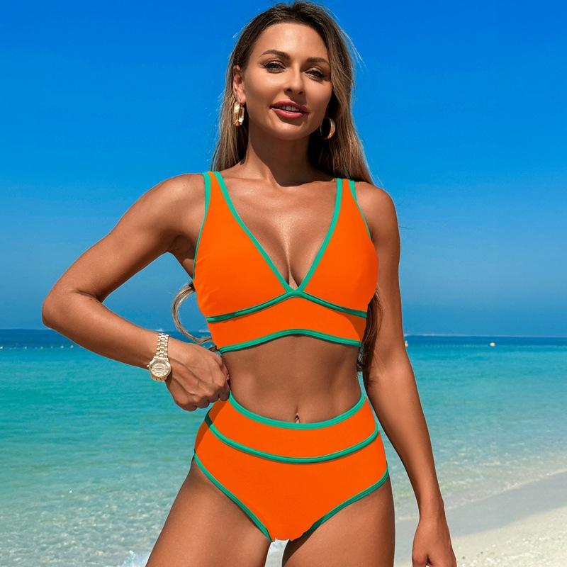 Женские комплекты бикини Купальники V-образный вырез Высокая талия 2-piece Купальные костюмы Однотонные/С цветочным принтом Купальники Бикини