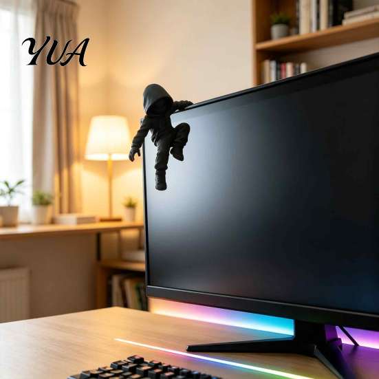 Unique Screen Edge Figurine Dark Hooded Villain Monitor Figurine, Cool Faceless Hanging Ornament, Mystery Cloaked Character Ornament PLA Creative