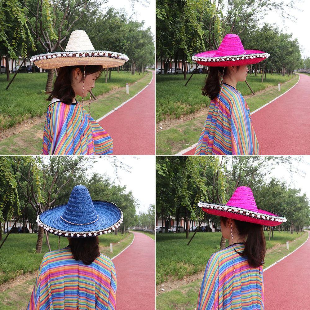 Украшения в гавайском стиле, шляпа для косплея на Хэллоуин, соломенная одежда, соломенная шляпа, мексиканская шляпа с помпоном