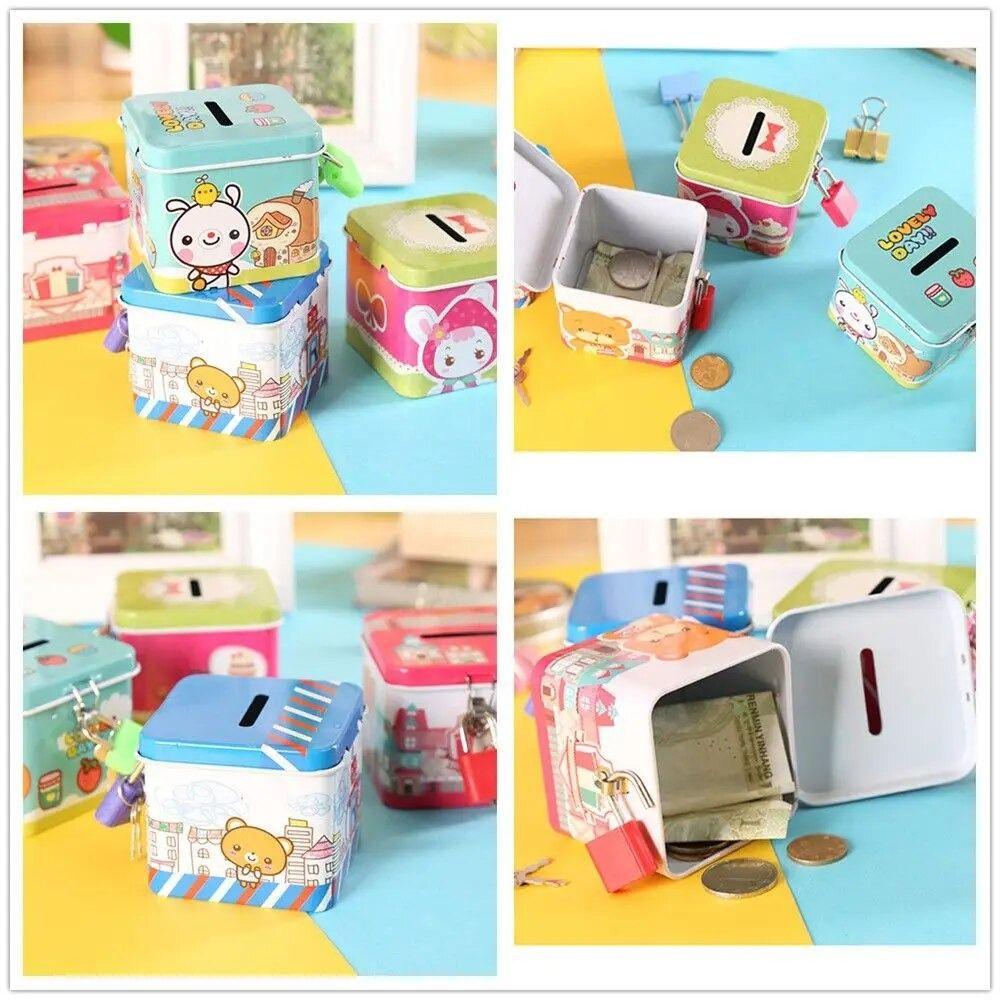 С замком Квадратная банка для мелочи Милая металлическая шкатулка для украшений Креативная мультяшная копилка Домашний декор