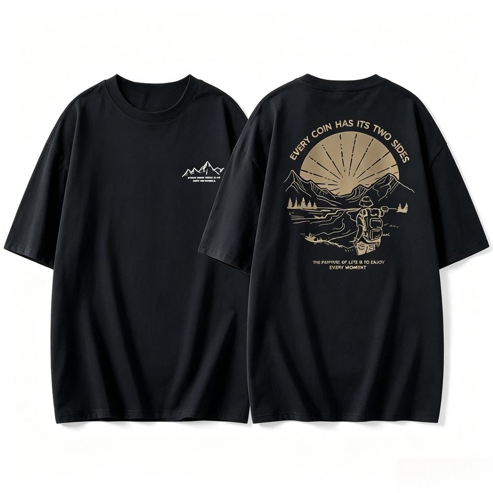 Unisex Hiker Graphic Tshirt Every Coin Has Its Two Sides Letter Print Short Sleeve Tee Outdoor Adventure Streetwear T Shirt
