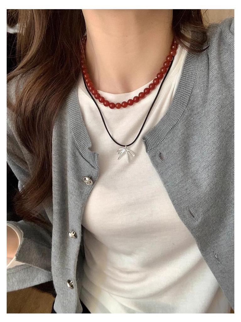 Женское колье из стерлингового серебра 925 пробы с красным агатом - Бусы-цепочка для свитера на китайский Новый год и Рождество