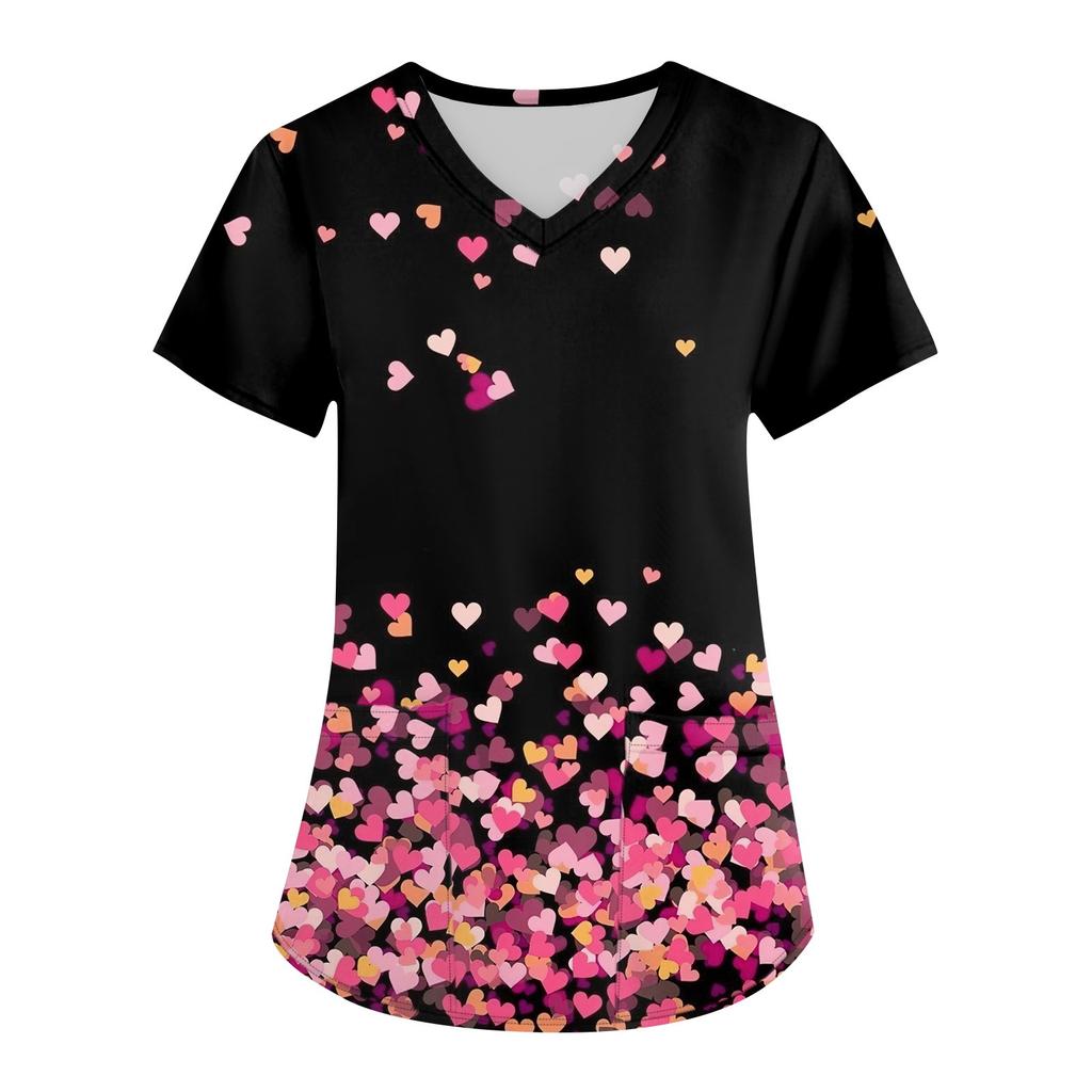 Women's Fashion Printed Short Sleeve V-Neck Top Small Pocket Work T-Shirt