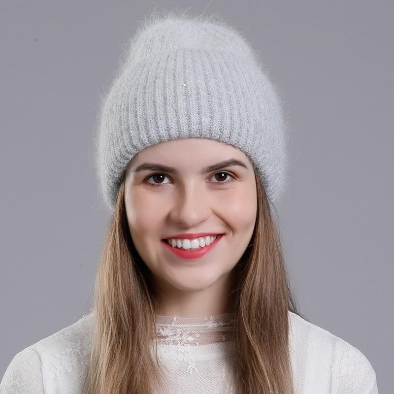 Женская зимняя теплая вязаная шерстяная универсальная шапка-пуловер с высокими фланцами и блестками из кроличьей шерсти