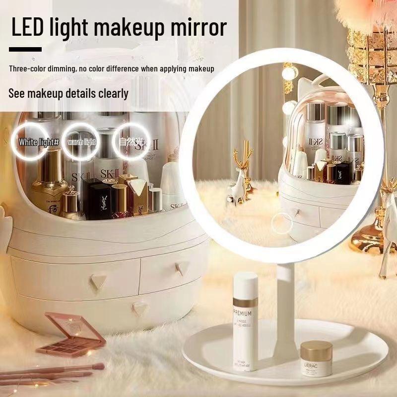 Rechargeable LED Makeup Mirror: Stylish Desktop Vanity Mirror with Three-Color Lighting