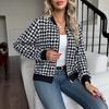 Women Spring Autumn Casual Long Sleeve Houndstooth Printed Zip Jacket Coat