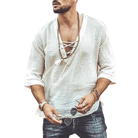 Loose Tee Shirt Simple Moisture-wicking Skin-friendly Front Lace Up Middle Sleeve Tee Shirt