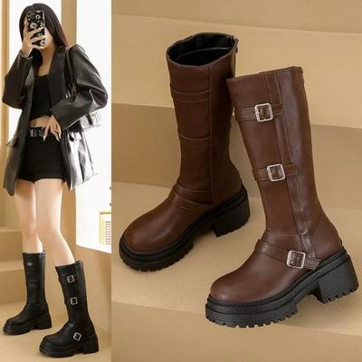 Мода 2024 года, новые сапоги до колена, осенние туфли с пряжкой на поясе и массивным каблуком для женщин, женские сапоги для верховой езды, высокие сапоги для верховой езды, размеры 35-40