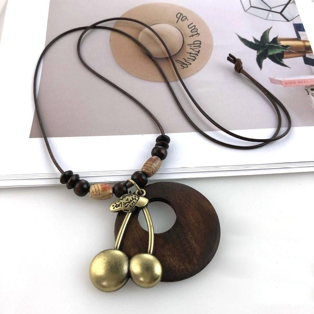 Hollow Leaves Wooden Pendant Necklace Boho Sweater Necklace Vintage Necklace  for Women Men