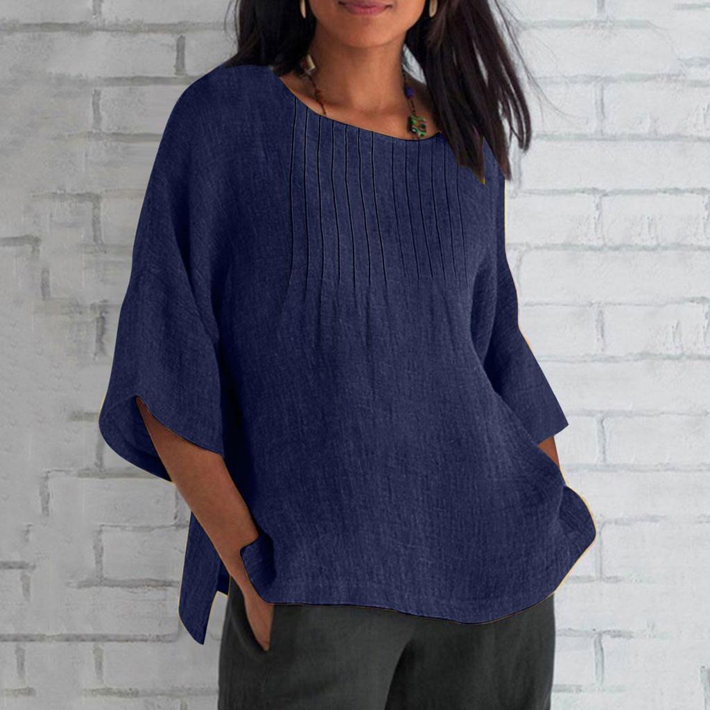 Women's Fashion Seven-Part Sleeve Pleated Round Neck Solid Colour Loose Casual Shirt Top