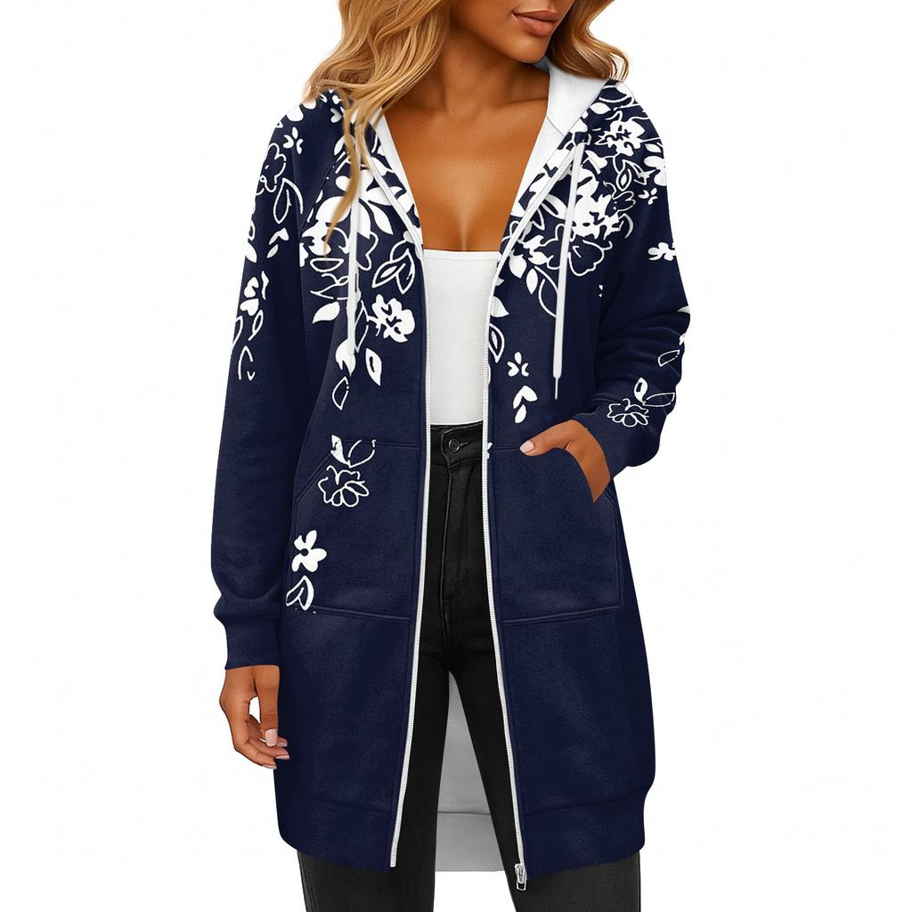 Women's Fashionable Printed Long Sleeved Drawstring Hooded Zipper Pocket Long Casual Sweatshirt Jacket