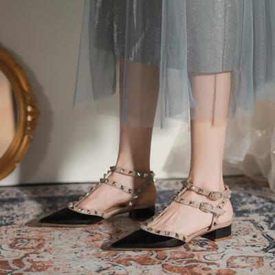 Сексуальные вечерние босоножки с заклепками и острым носком для женщин 2024 года, новые летние универсальные роскошные босоножки из натуральной кожи на толстом высоком каблуке для женщин