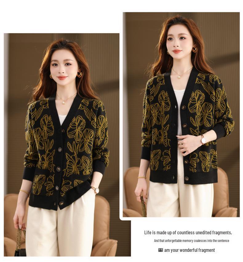 Женский кардиган жаккардовой вязки весна-осень 2025: Повседневное свободное пальто-свитер