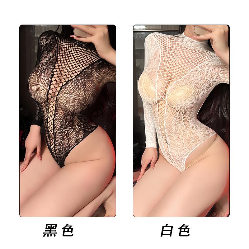 Sexy Spice Perspective Hollow High Split Mesh Pure Desire Wild Seduction Long Sleeve Hook Halter onesie