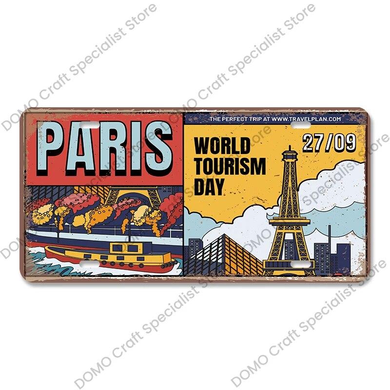 National Landmark Poster Car License Plate Retro France New York Australia Metal Tin Signs Wall Decor Garage Car Club