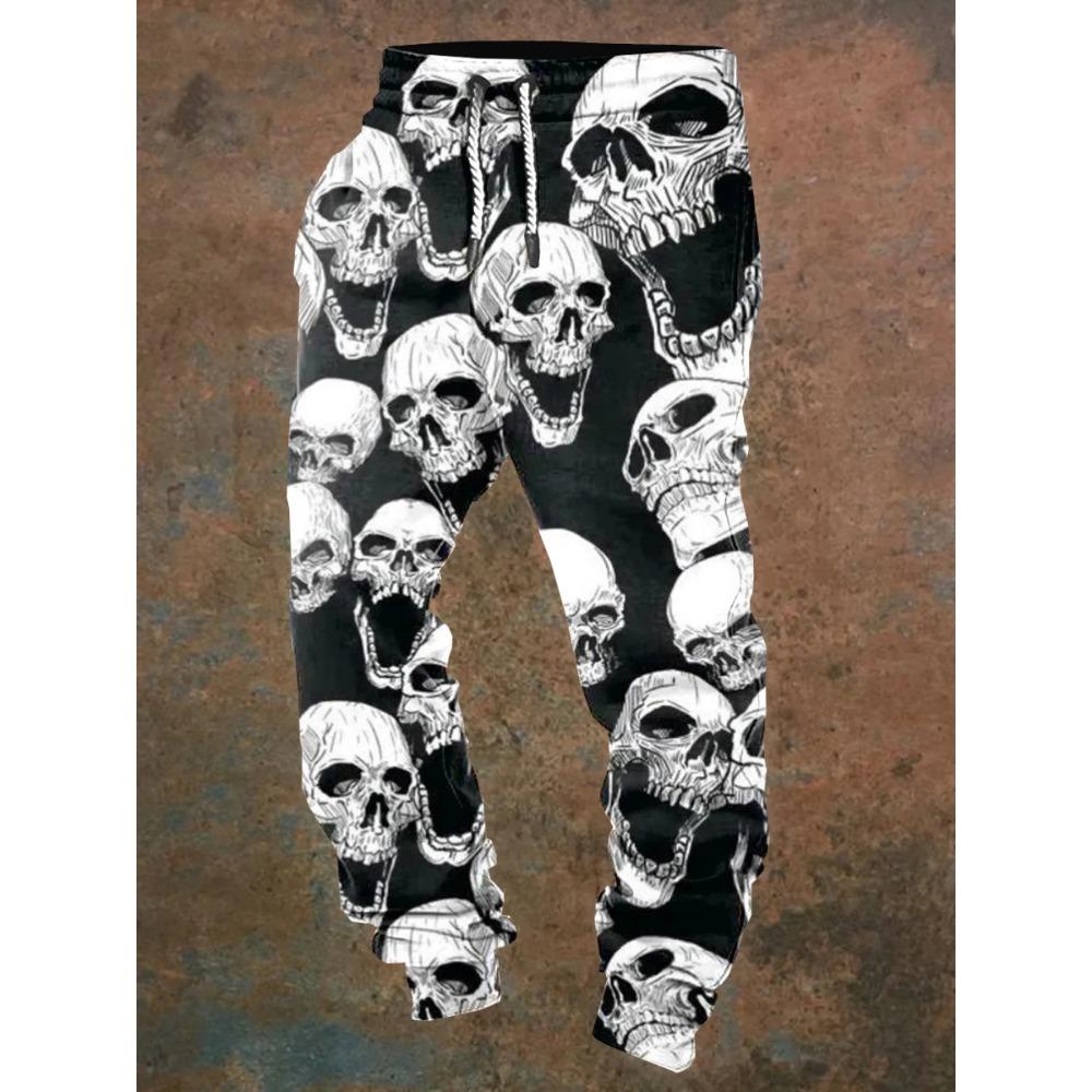 Men's casual jogging pants with drawstrings and Halloween skull prints, suitable for outdoor wear, autumn and winter fashion