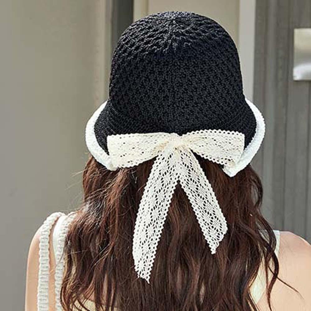 Temperament Knitted Bucket Hat Hollow Out French Style Bow Fisherman Hat Breathable Solid Color Sun Protection Cap Outdoor