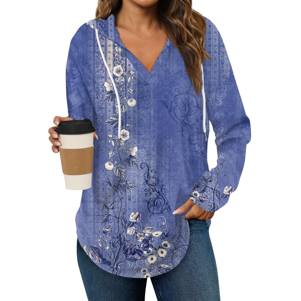 Women's Fashion Hoodies V Neck Long Sleeve Printed Drawstring Casual Loose Pullover Tops