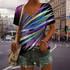 Women's V-Neck Short Sleeve Rainbow Orbit Printed Tops Loose T-Shirt Casual Blouse