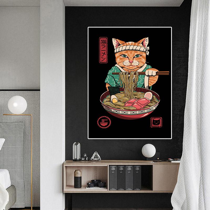 Забавный японский плакат с изображением самурая и кота, холст, живопись, классические суши и кошки, настенные художественные фотографии для гостиной, украшения дома
