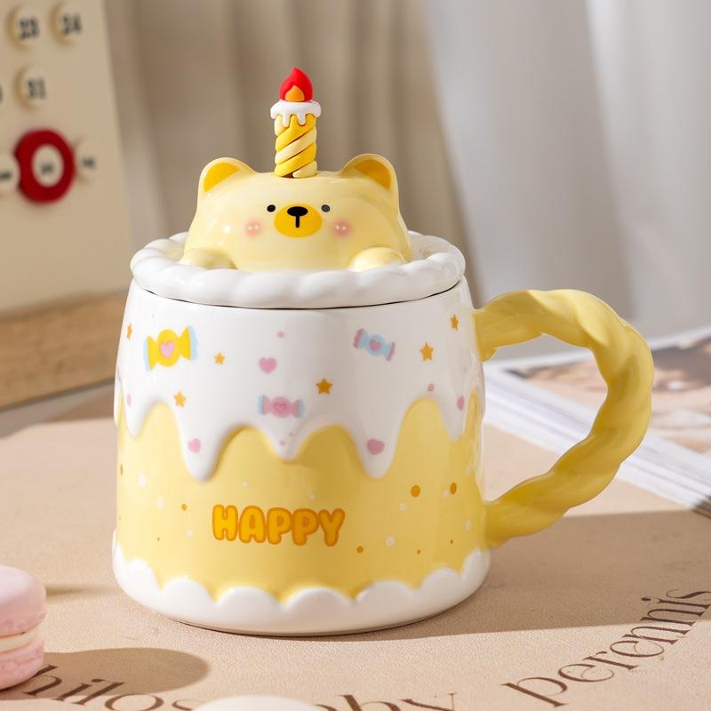 Милая кружка для торта на день рождения с крышкой и ложкой, мультяшная керамическая кофейная чашка с изображением животных, офисная чашка для воды высокого качества