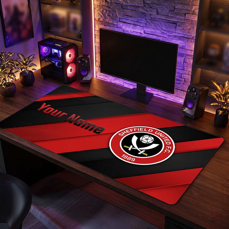 Sheffield United FC Custom Large Mouse Pad, Personalized Name Text Print, Football Logo Non‑Slip Desk Mat Gaming Gift
