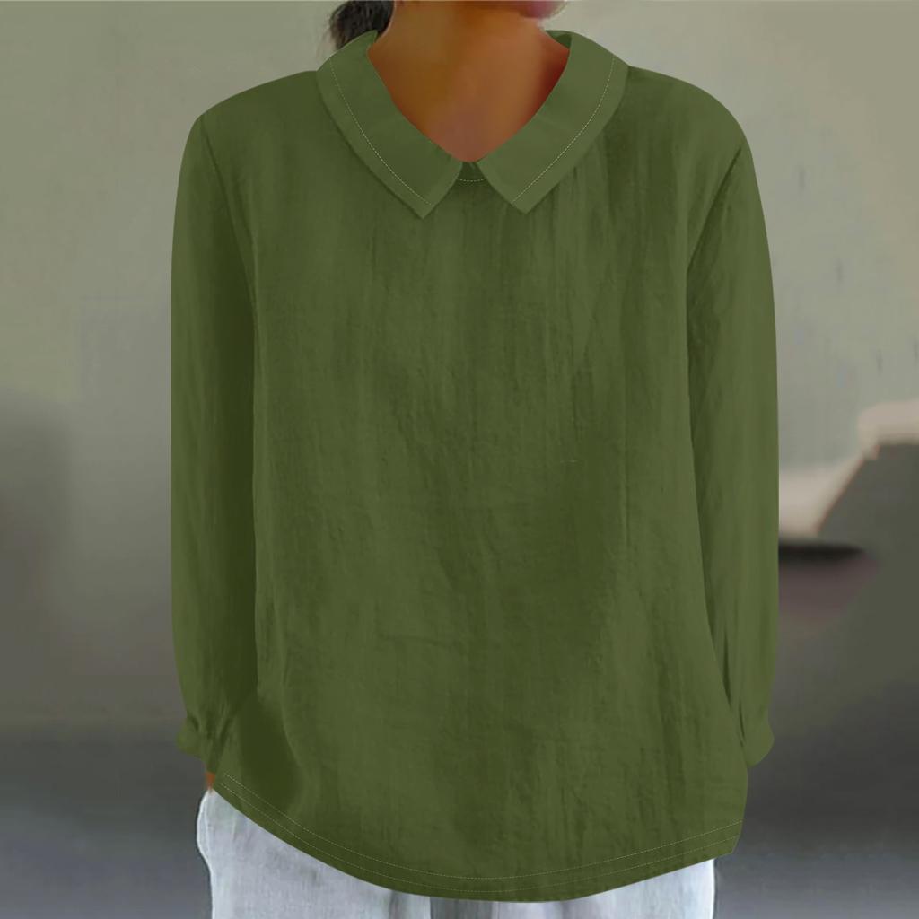 Women's Fashion Doll Collar Long Sleeve Loose Solid Color Shirt Casual Button Top