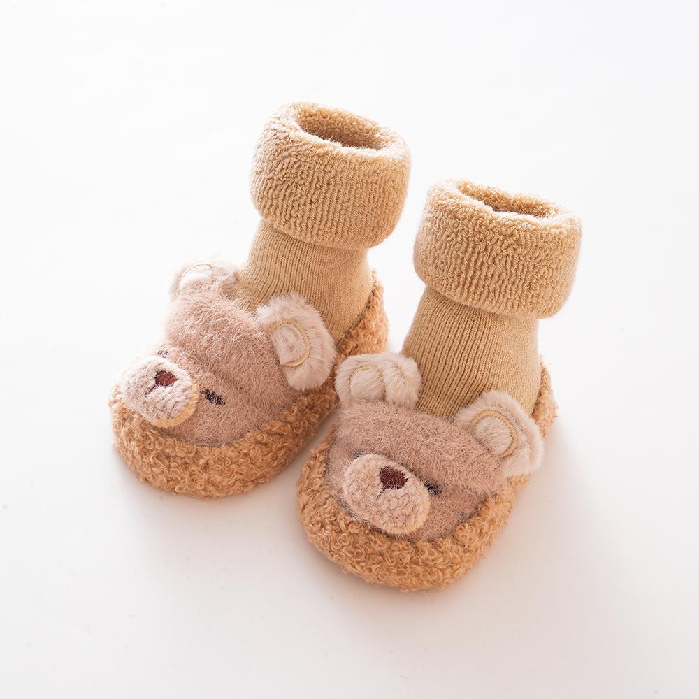 Зимние детские милые пушистые туфли-куклы в виде кролика для малышей, нескользящие толстые носки-петли, теплая уютная махровая обувь для первых шагов