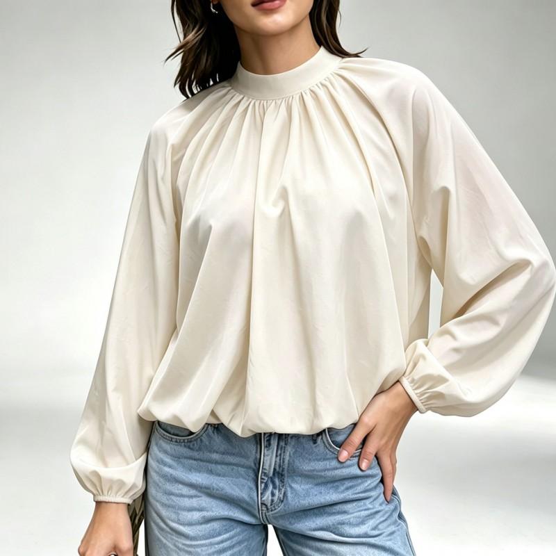 Womens Loose Fit Solid Color Blouse With Tie Neck Lantern Sleeves Office Wear Fall 2026