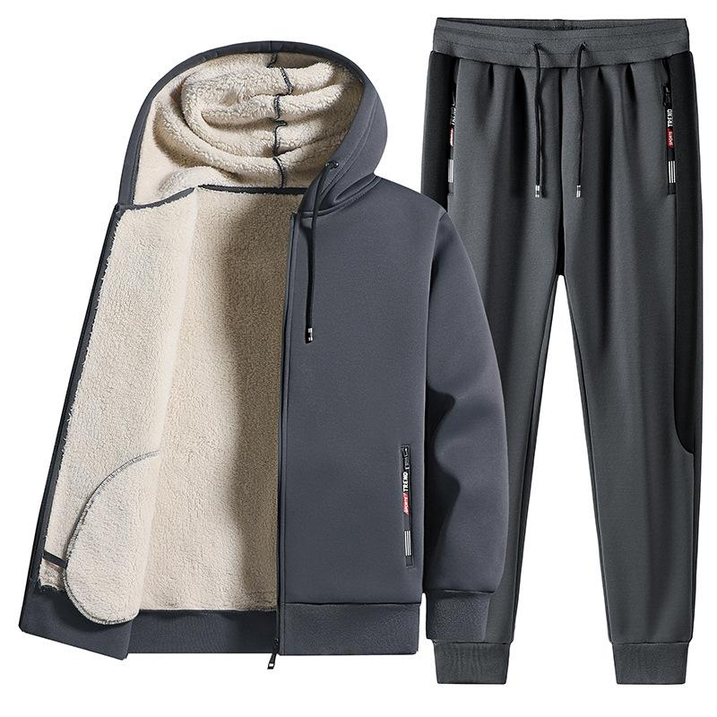 Мужской зимний комплект больших размеров для снега, кардиган с капюшоном и длинными рукавами с буквенным принтом + однотонные утепленные брюки из двух предметов