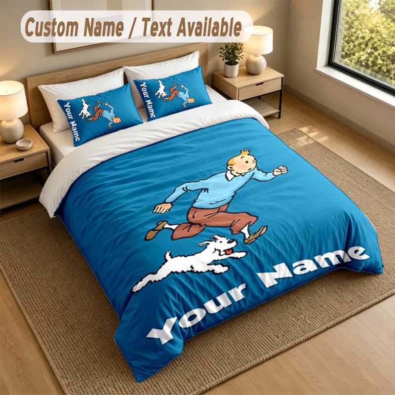 3Pcs Bedding Set Custom Name Text, 1 Sheet 2 Pillowcases Home Bed DecorTintin