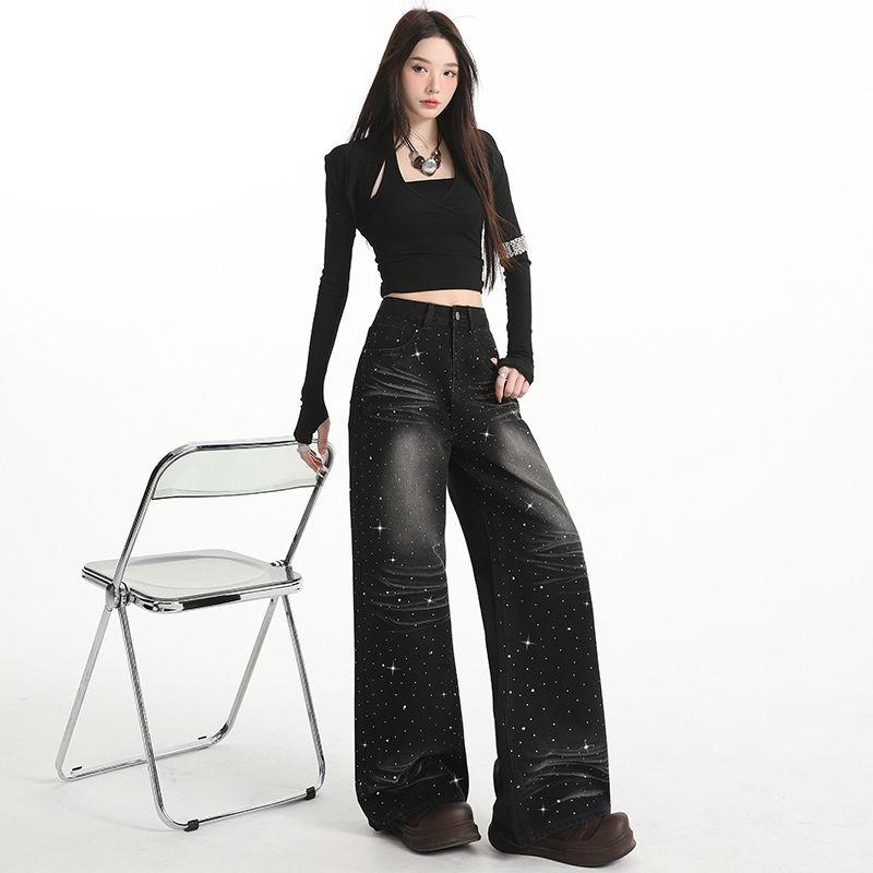 Full Sky Star Hot Diamond Design Wide Leg Trendy High Waist Jeans for Women
