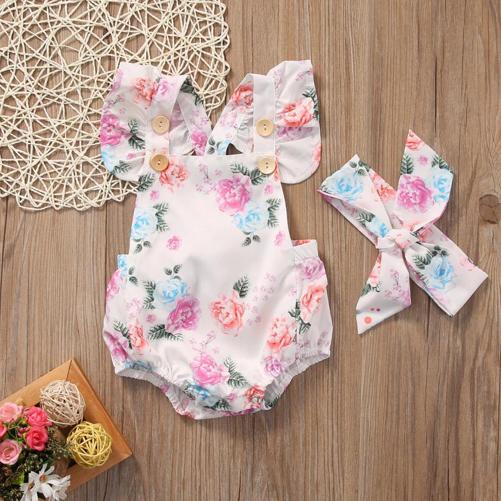 Toddler Kids Baby Girl Clothes Tops Romper Bodysuit+Headband Sunsuit Outfit Set