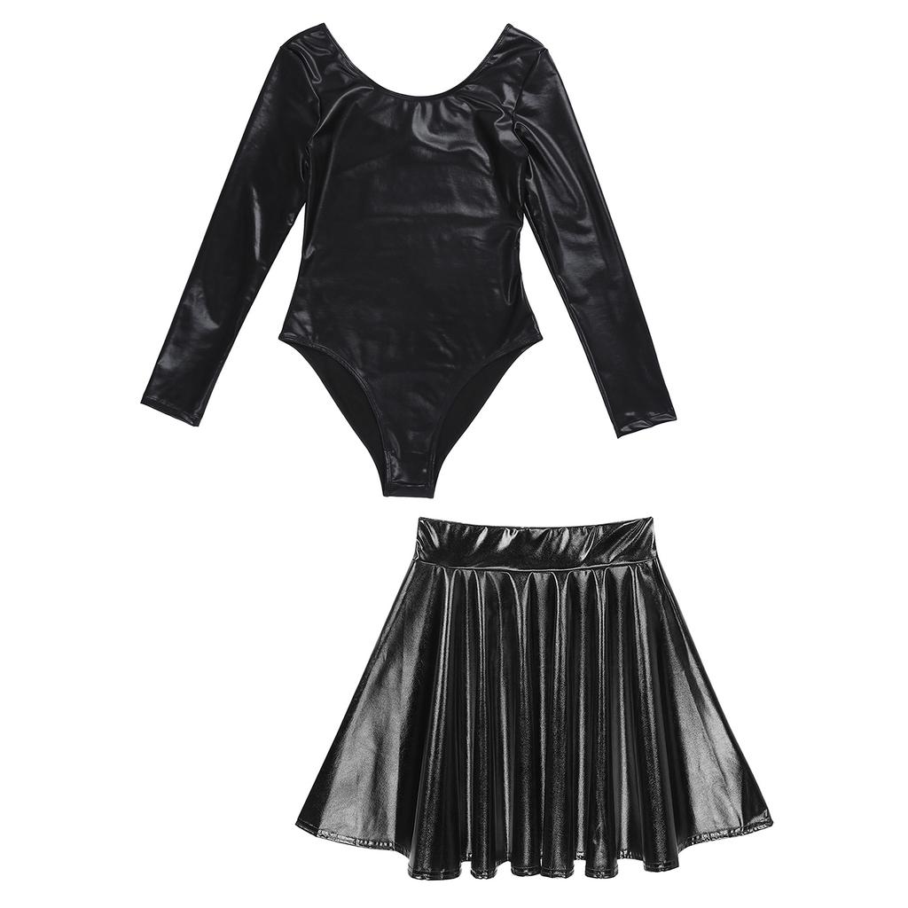 Женский гимнастический купальник с блестящим металлическим оттенком и плиссированные юбки, спортивная танцевальная одежда