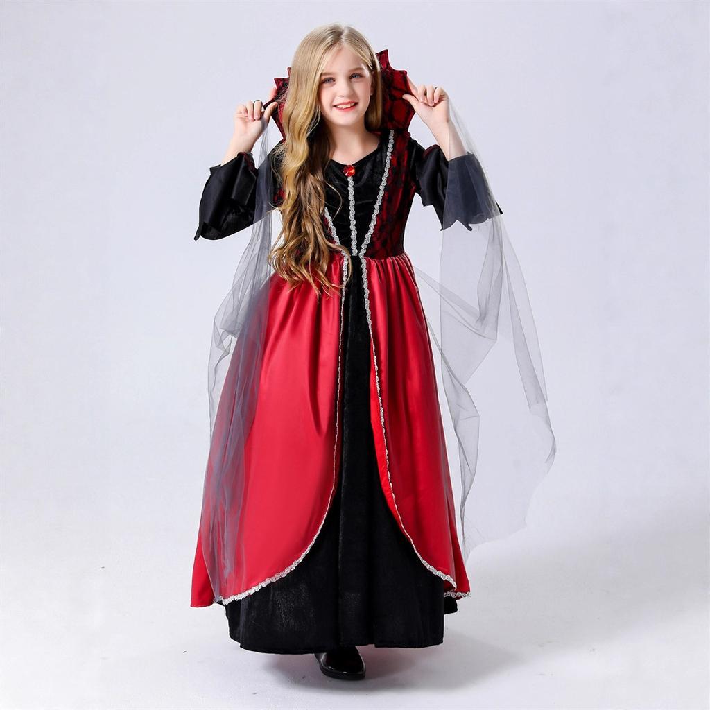 Halloween Costume Children Vampire Queen Witch Black Red Dress Stage Costume